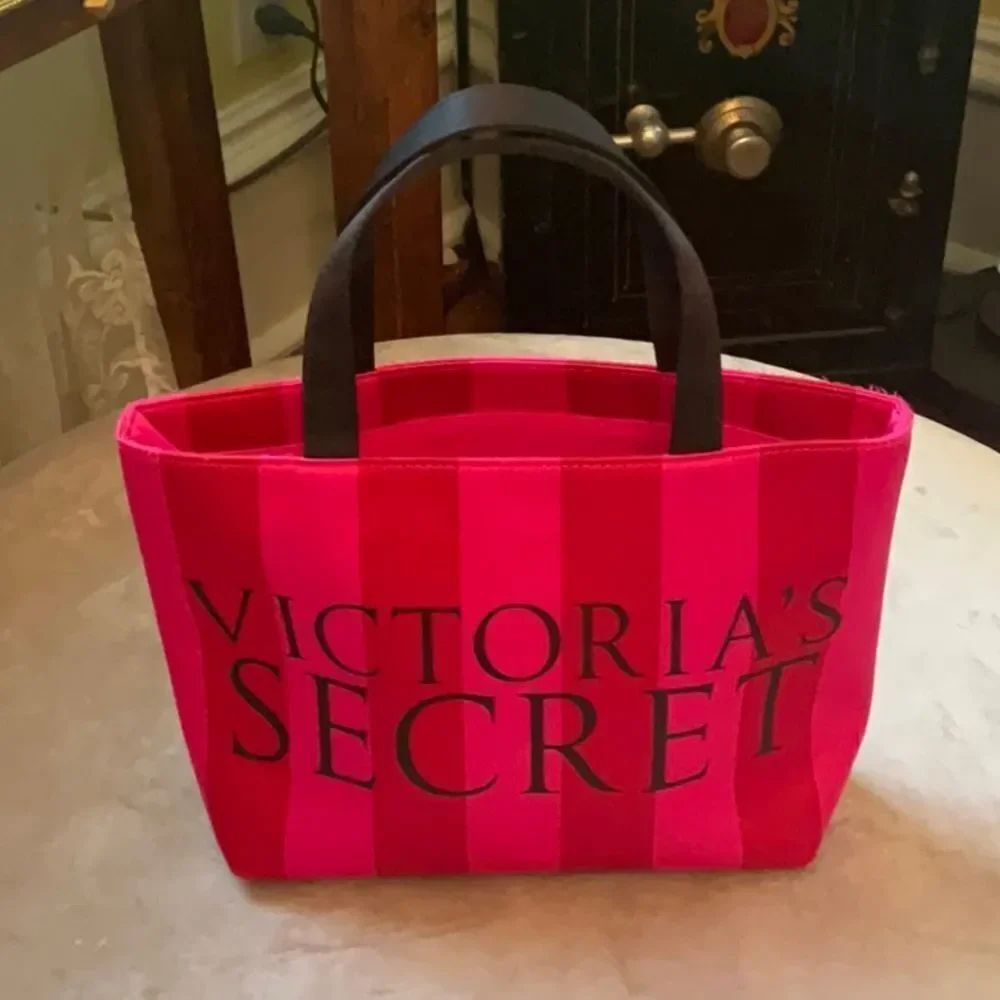 *Victoria Secret* EUC Chic Pink & Red Satiny Wide Stripe Small Tote